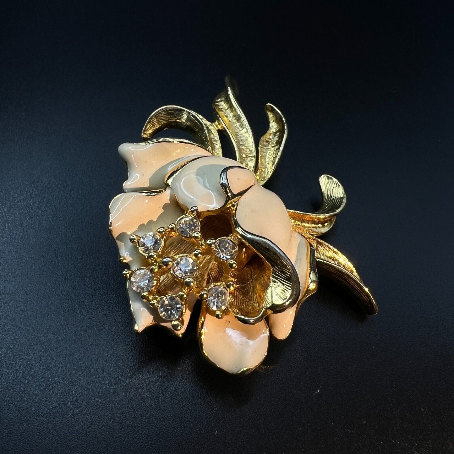 Vintage Dimensional Gold-Toned & Enameling Flower with Clear Crystals Brooch Pin