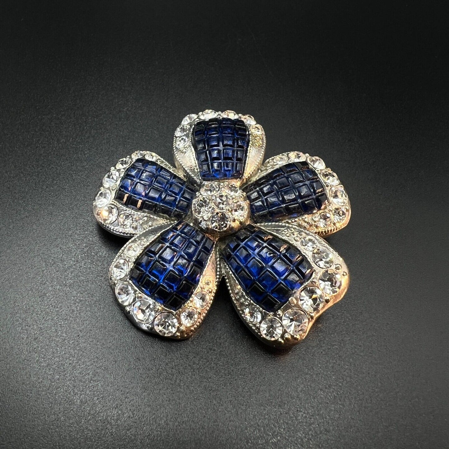 Vintage Signed Nina Ricci For Avon Blue & Clear Rhinestones Flower Brooch Pin