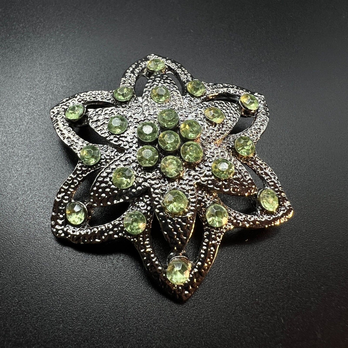 Vintage Beautiful Silver-Toned Star with Light Green Rhinestones Brooch Pin