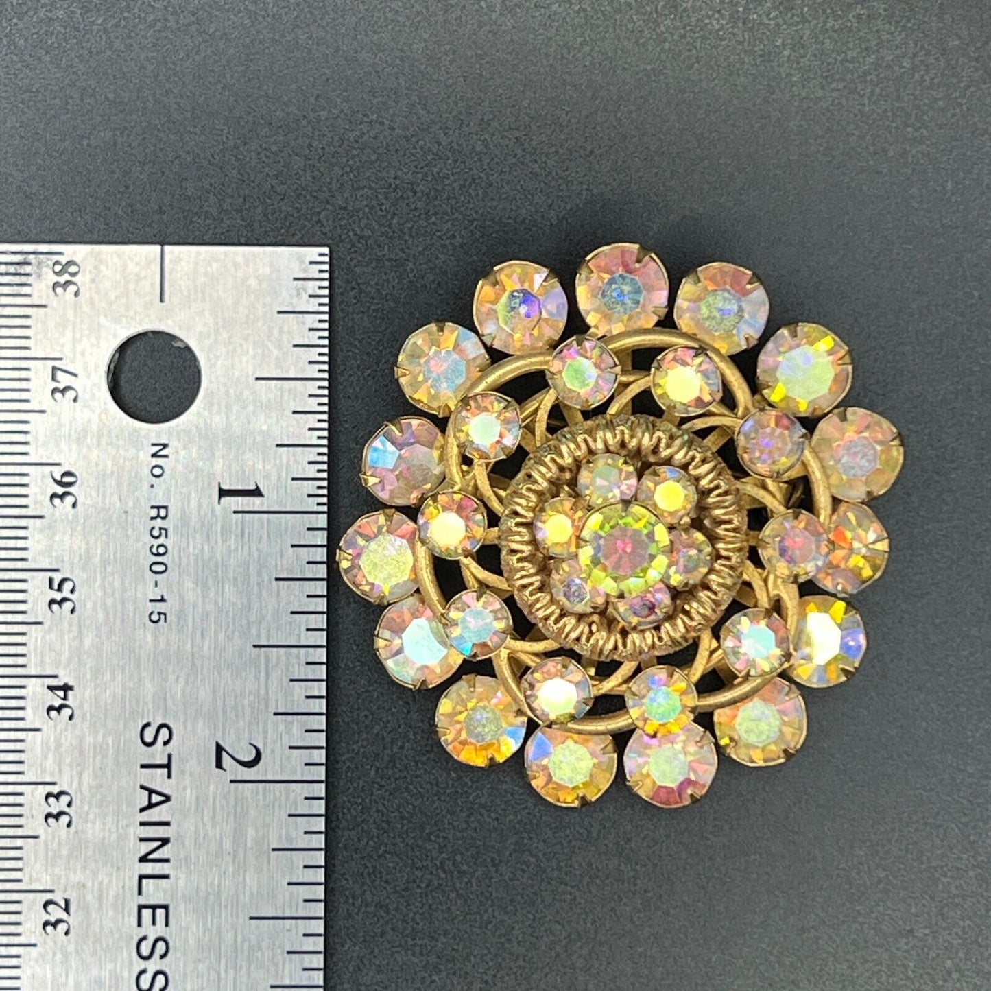 Vintage Gold-Toned & Aurora Borealis Rhinestones w Plenty of Sparkle Brooch Pin