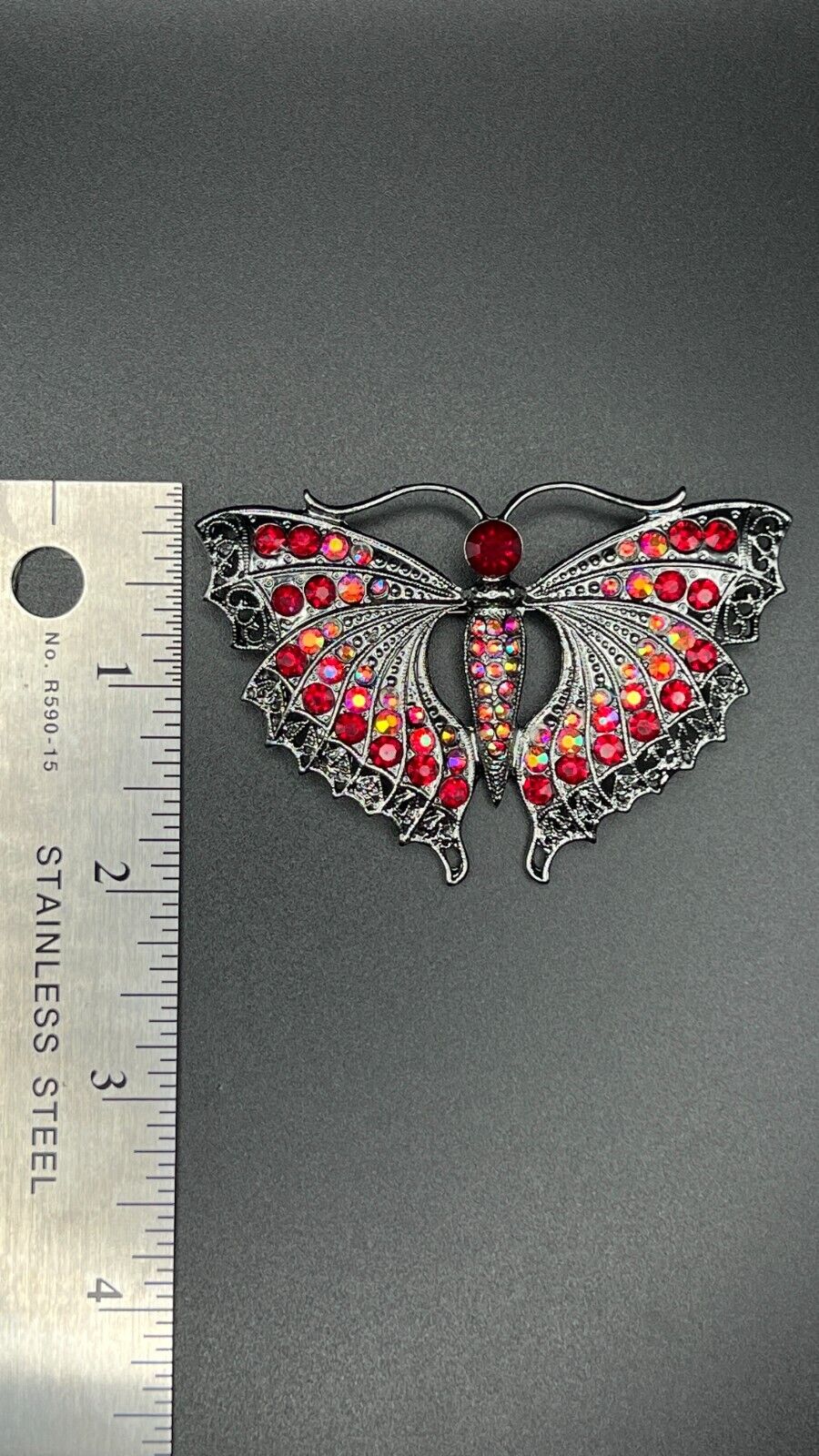 Vintage Art Deco Butterfly- Ruby Red & AB Rhinestones Gunmetal Finish Brooch Pin