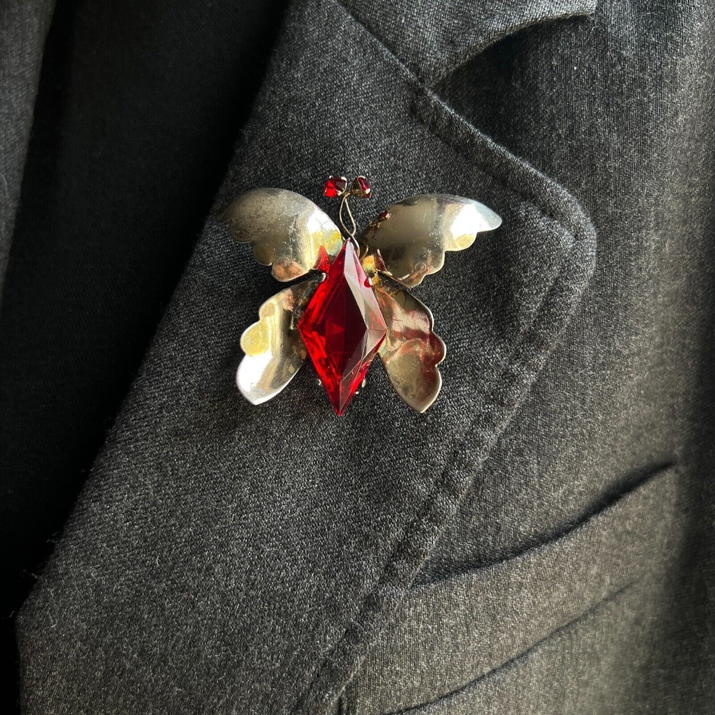 Vintage Signed Sterling Silver with Red Rhinestones Butterfly Brooch Pin