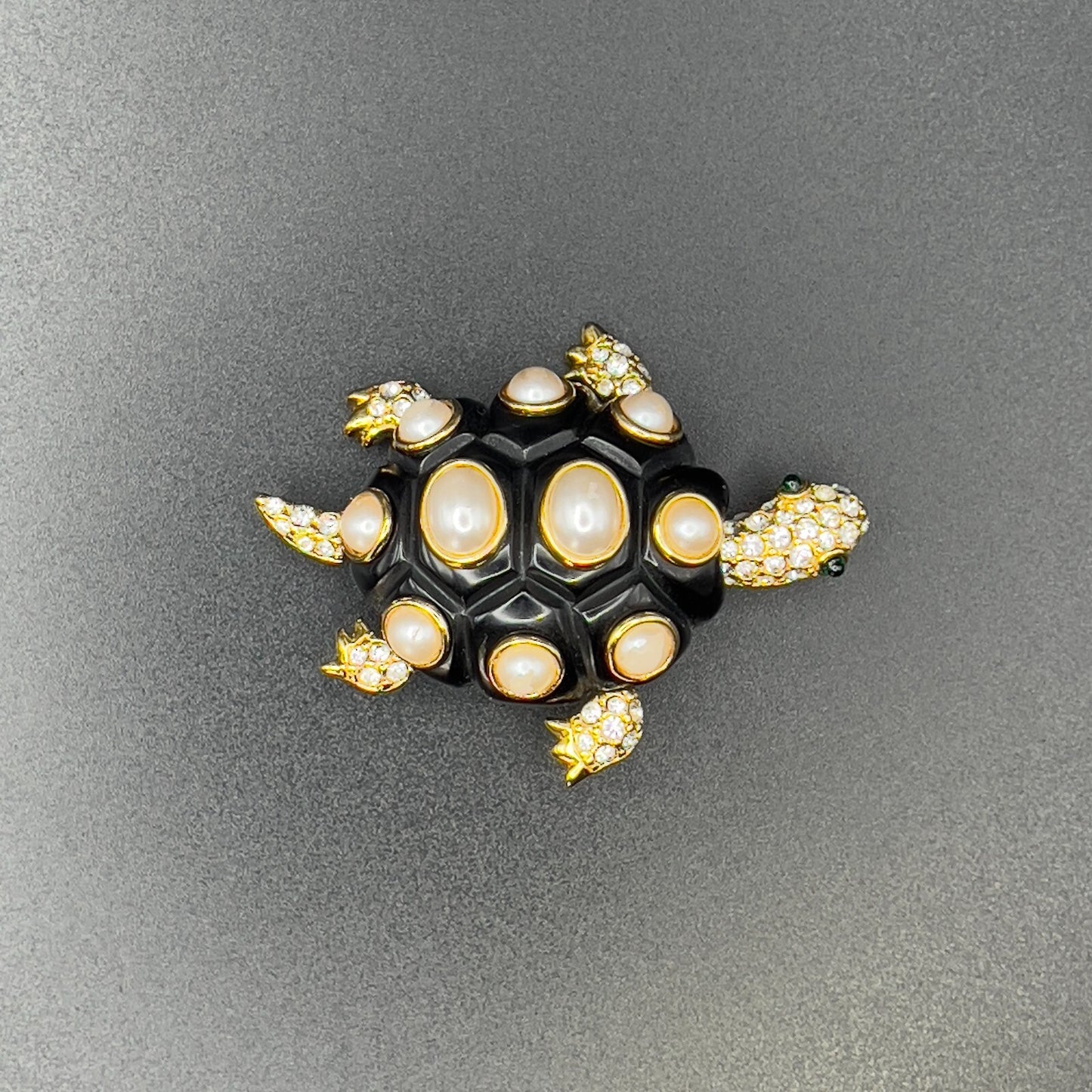Vintage Signed KJL Tortoise Gold-Tone Faux Pearl & Crystals on Black Brooch Pin