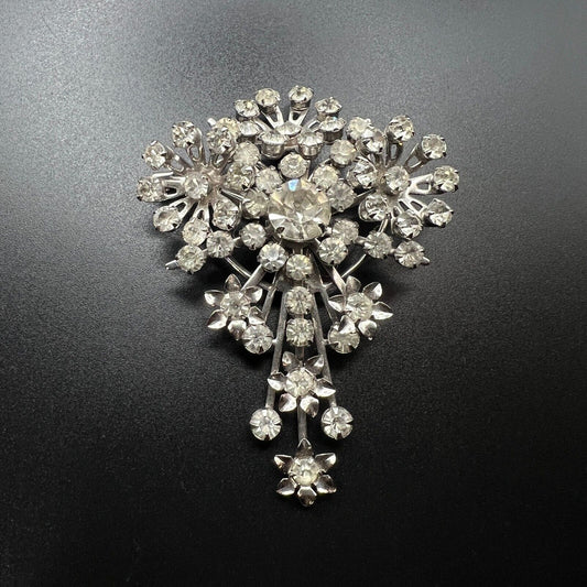 Vintage Jo Anne Victorian Style Silver-Tone Clear Rhinestones Pendant Brooch Pin