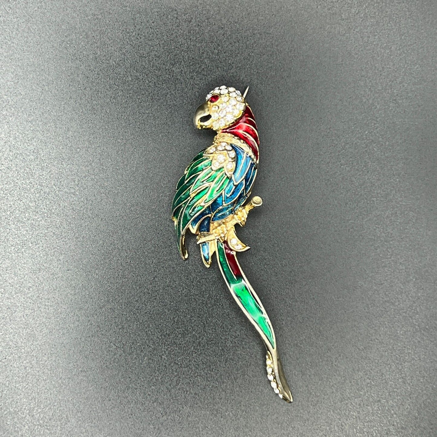 Vintage Novelty Large Parrot Red, Blue, Gold, Green Enamel & Crystals Brooch Pin