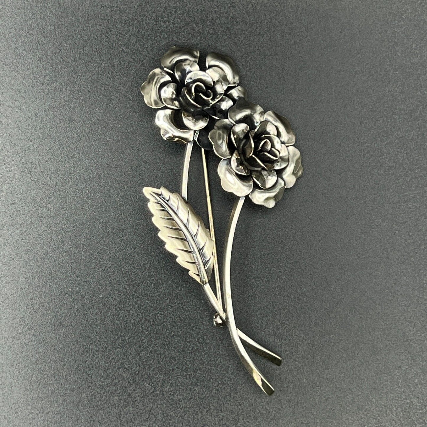 Vintage Marked Jewelart Sterling Silver Multi-Petaled Flowers w Leaf  Brooch Pin