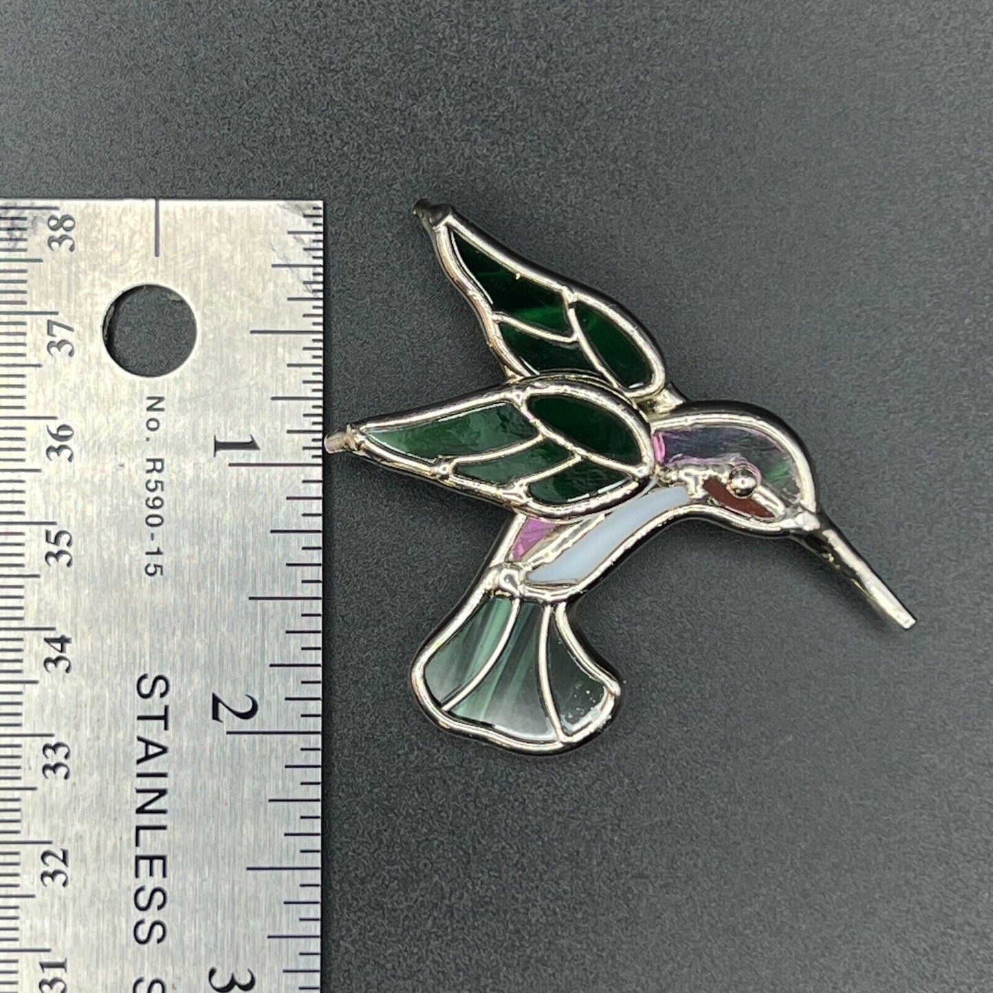 Vintage Novelty RARE Silver, Green & White Stained Glass Hummingbird Brooch Pin