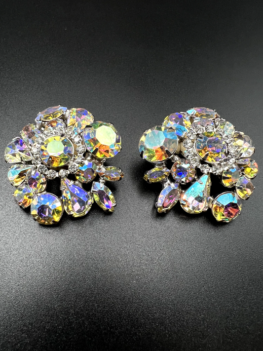 Vintage Signed WEISS Aurora Borealis Clear Crystal Rhinestones Clip-On Earrings