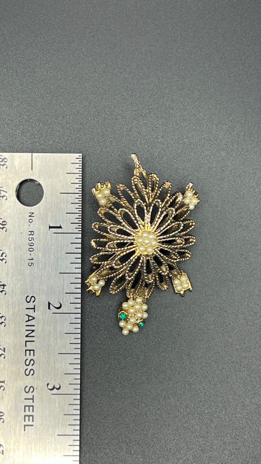 Vintage Turtle Gold-Toned Faux Seed Pearls & Green Crystals Brooch Pin