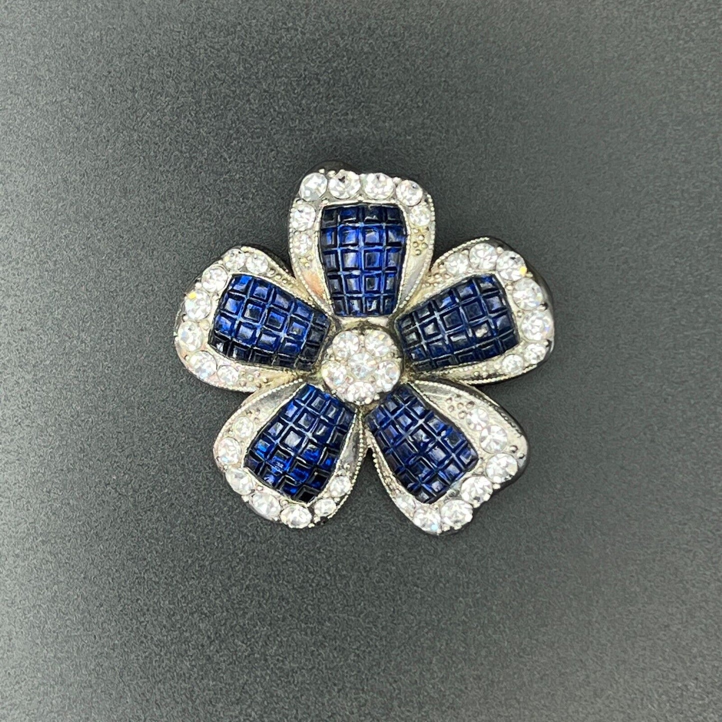 Vintage Signed Nina Ricci For Avon Blue & Clear Rhinestones Flower Brooch Pin