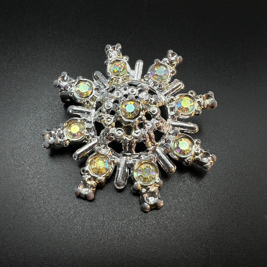 Vintage Clear Aurora Borealis Rhinestones Silver-Toned Snowflake Brooch Pin