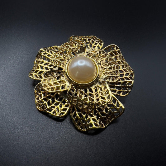 Vintage Gold-Toned Tiered Petals Flower with a Faux Pearl Center Brooch Pin