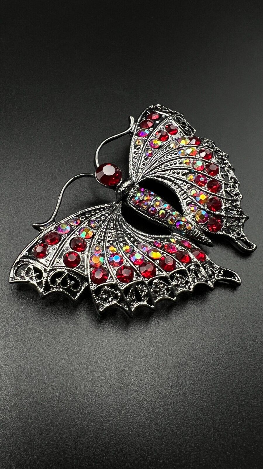 Vintage Art Deco Butterfly- Ruby Red & AB Rhinestones Gunmetal Finish Brooch Pin