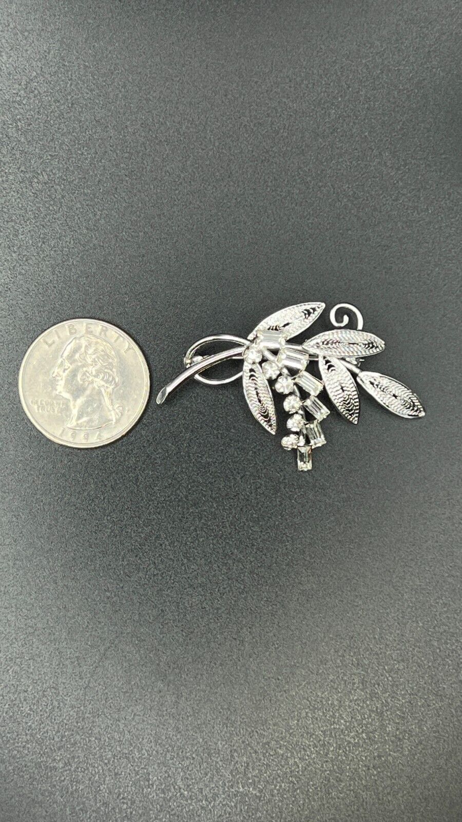 Vintage Silver-Toned Leaf Signed STERLING C A with Clear Rhinestones Brooch Pin