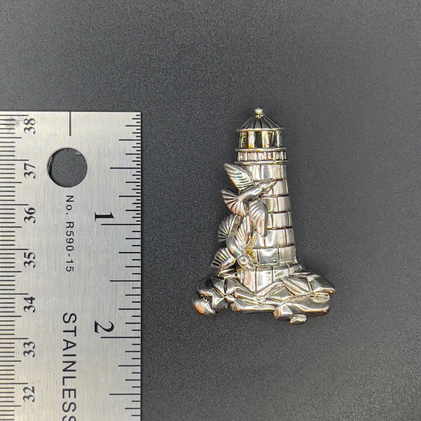 Vintage Signed BEST Lighthouse & Birds Silver-Toned Pendant Brooch Pin