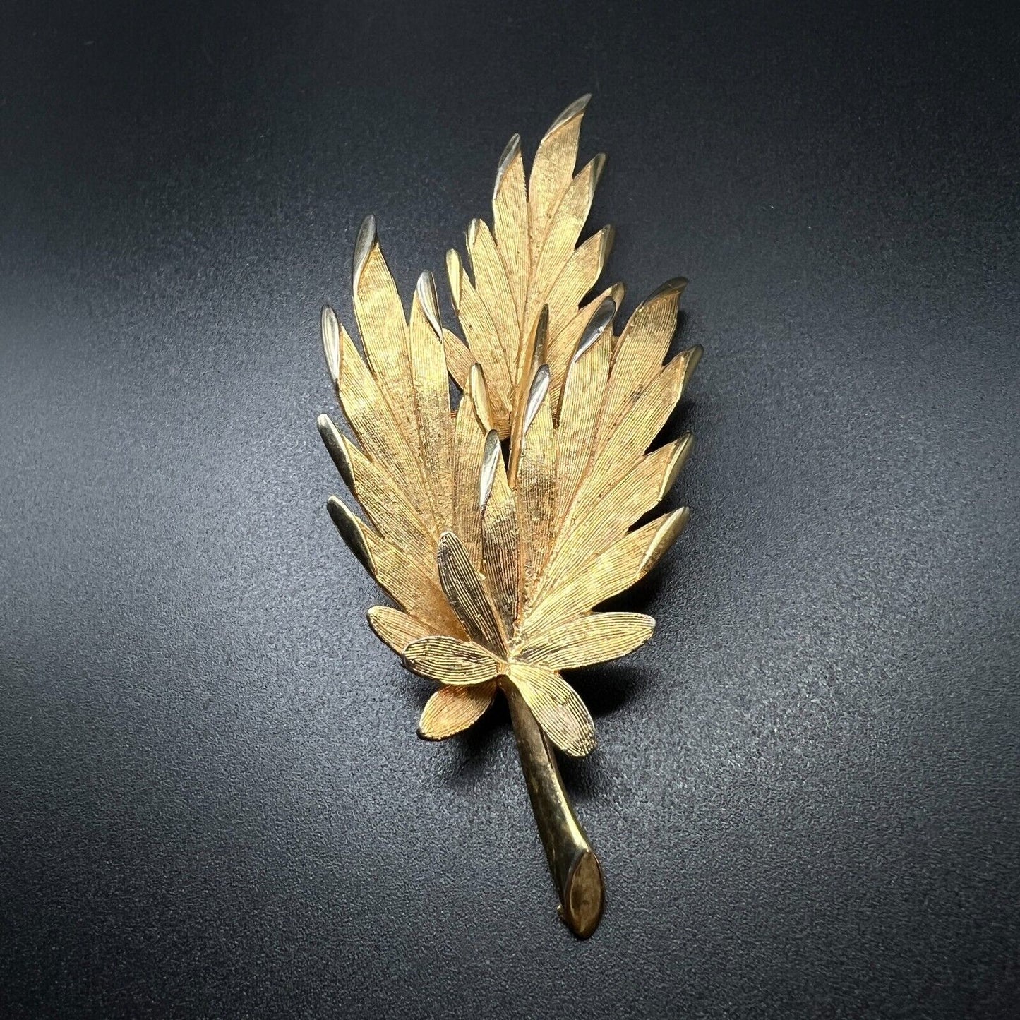 Vintage Triple Leaf Brushed Gold-Toned Signed PIM Brooch Pin