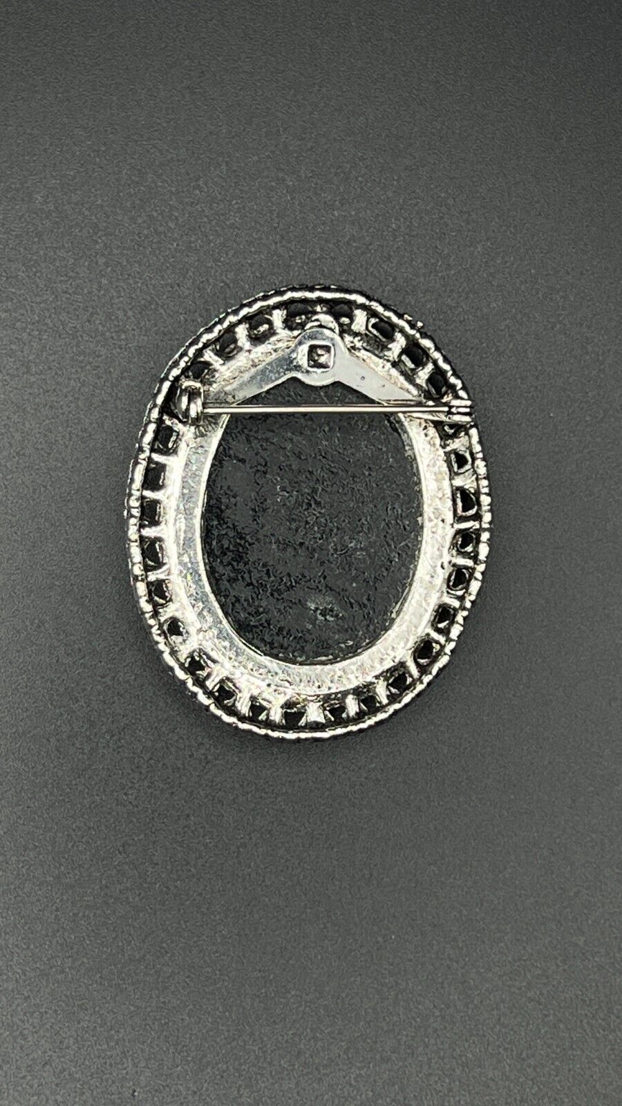 Vintage Novelty Mother Of Pearl Cameo with Black & Silver-Toned Frame Brooch Pin