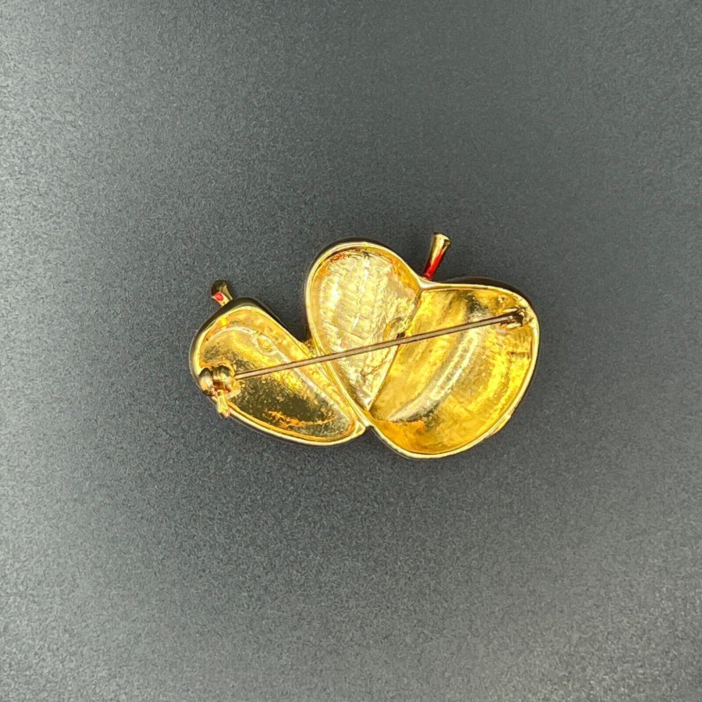 Vintage Novelty Red Enameled Gold-Toned Split Apple Brooch Pin