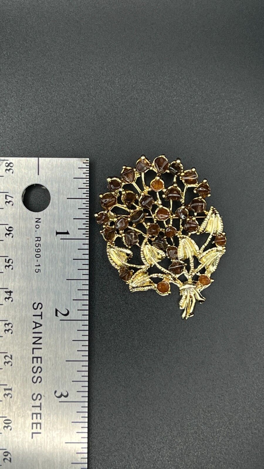 Vintage Gold-Toned Bouquet of Flowers with Brown & Topaz Rhinestones Brooch Pin