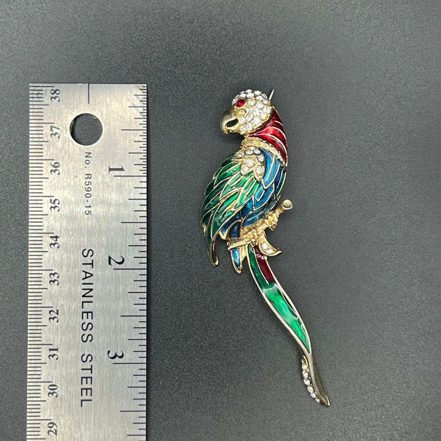 Vintage Novelty Large Parrot Red, Blue, Gold, Green Enamel & Crystals Brooch Pin