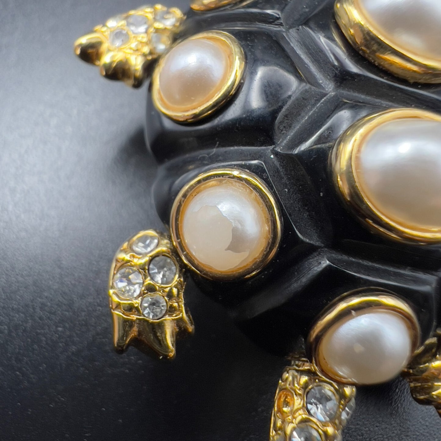 Vintage Signed KJL Tortoise Gold-Tone Faux Pearl & Crystals on Black Brooch Pin