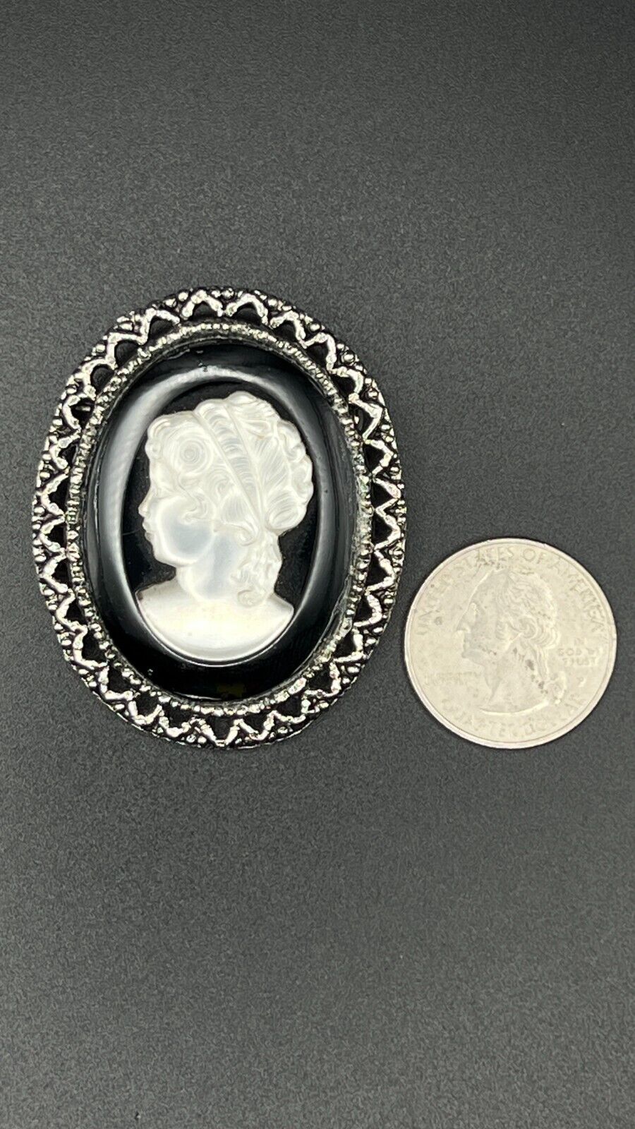 Vintage Novelty Mother Of Pearl Cameo with Black & Silver-Toned Frame Brooch Pin