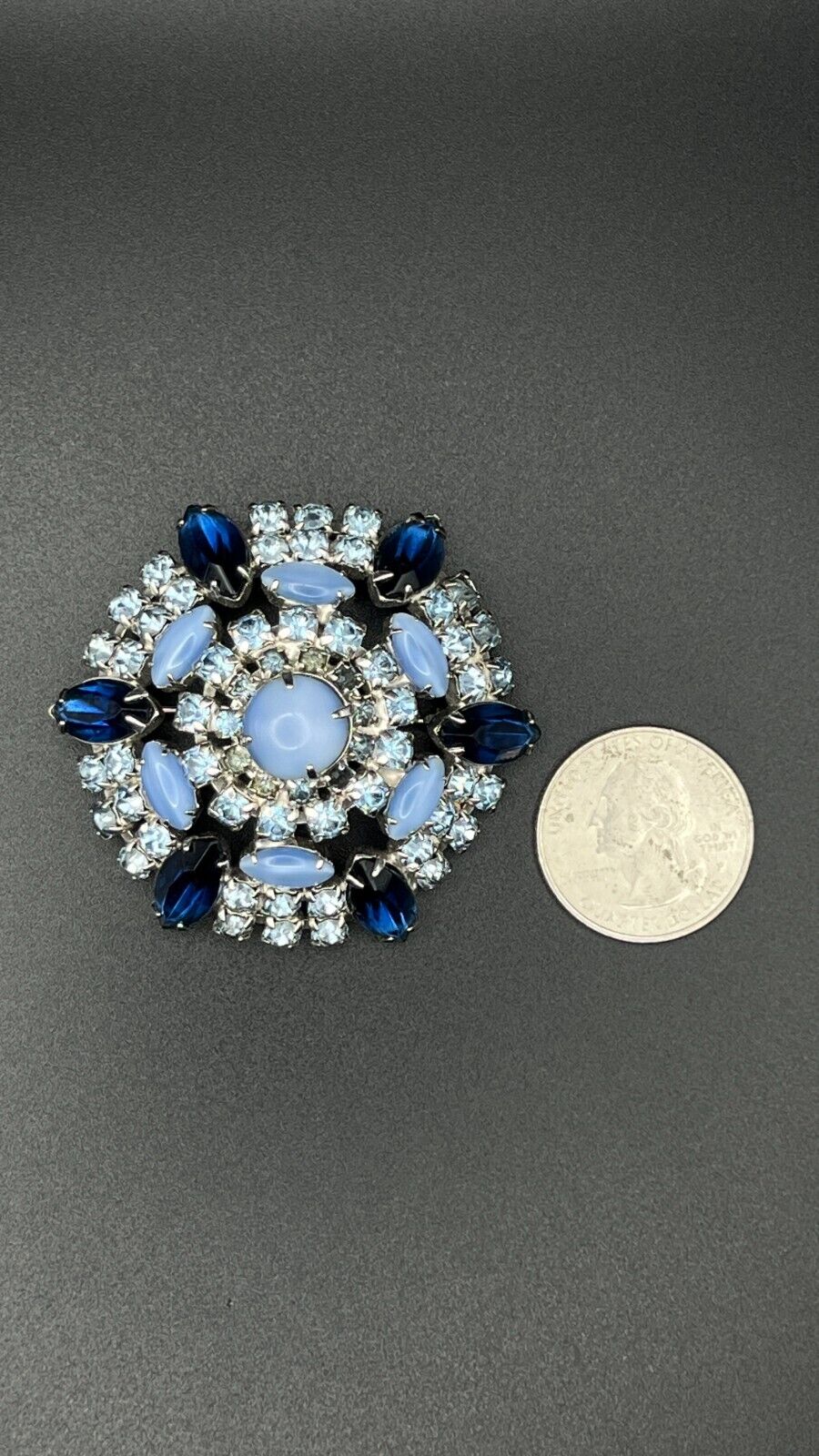 Vintage Flower Silver-Toned with Midnight, Pale, & Ice Blue Crystals Brooch Pin