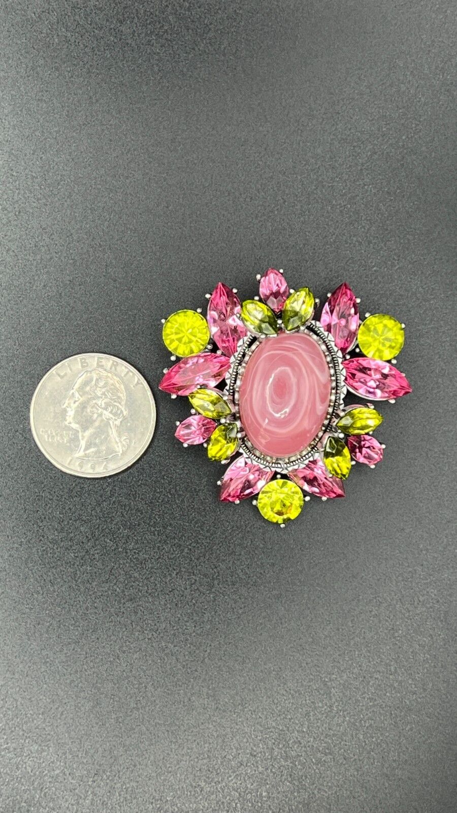 Vintage Flower Large Pink Center Stone with Pink and Green Crystals Brooch Pin