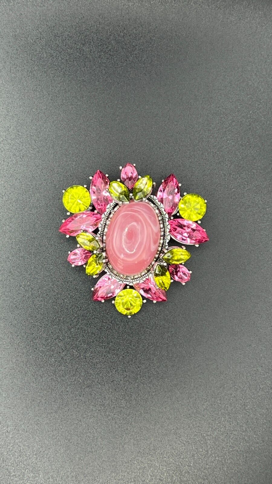 Vintage Flower Large Pink Center Stone with Pink and Green Crystals Brooch Pin