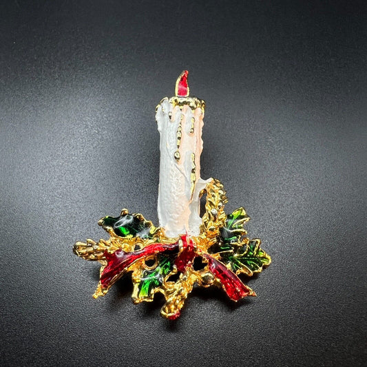 Vintage Novelty Gold & White-Toned Christmas Candle with Green Leaves Brooch Pin