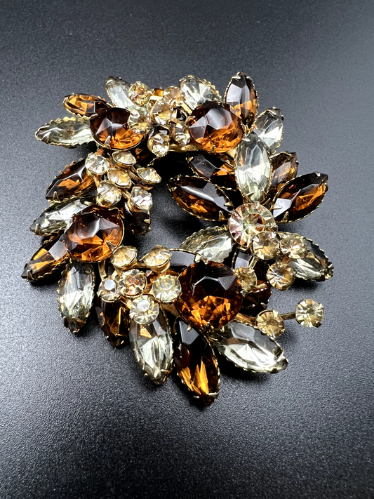 Vintage Julianna Topaz, Gray, and Clear Colored Crystal Rhinestones Brooch Pin