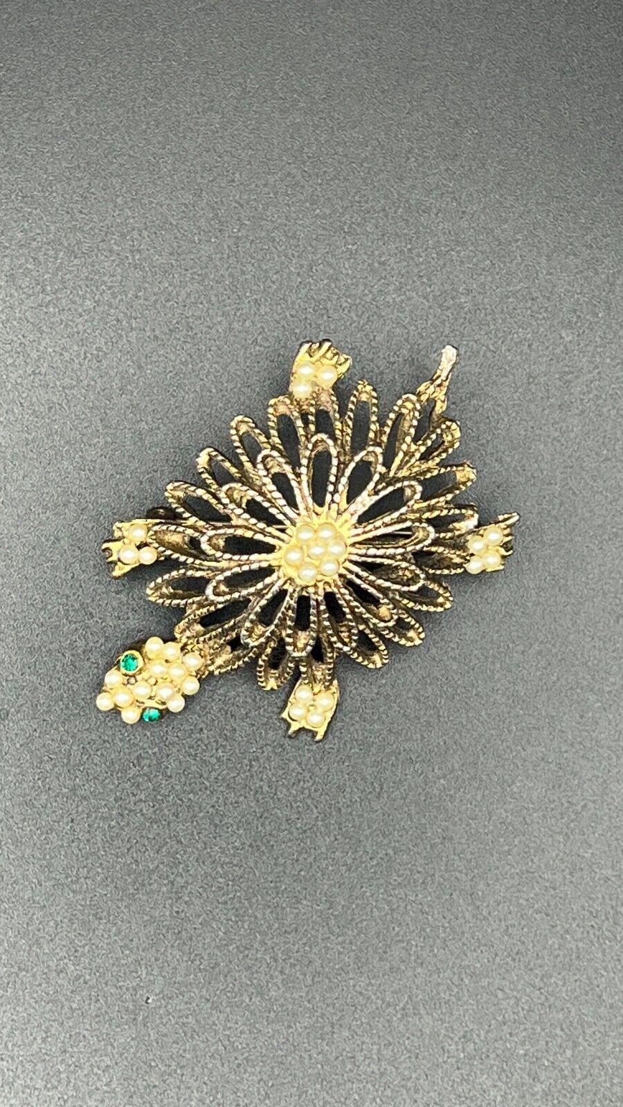 Vintage Turtle Gold-Toned Faux Seed Pearls & Green Crystals Brooch Pin