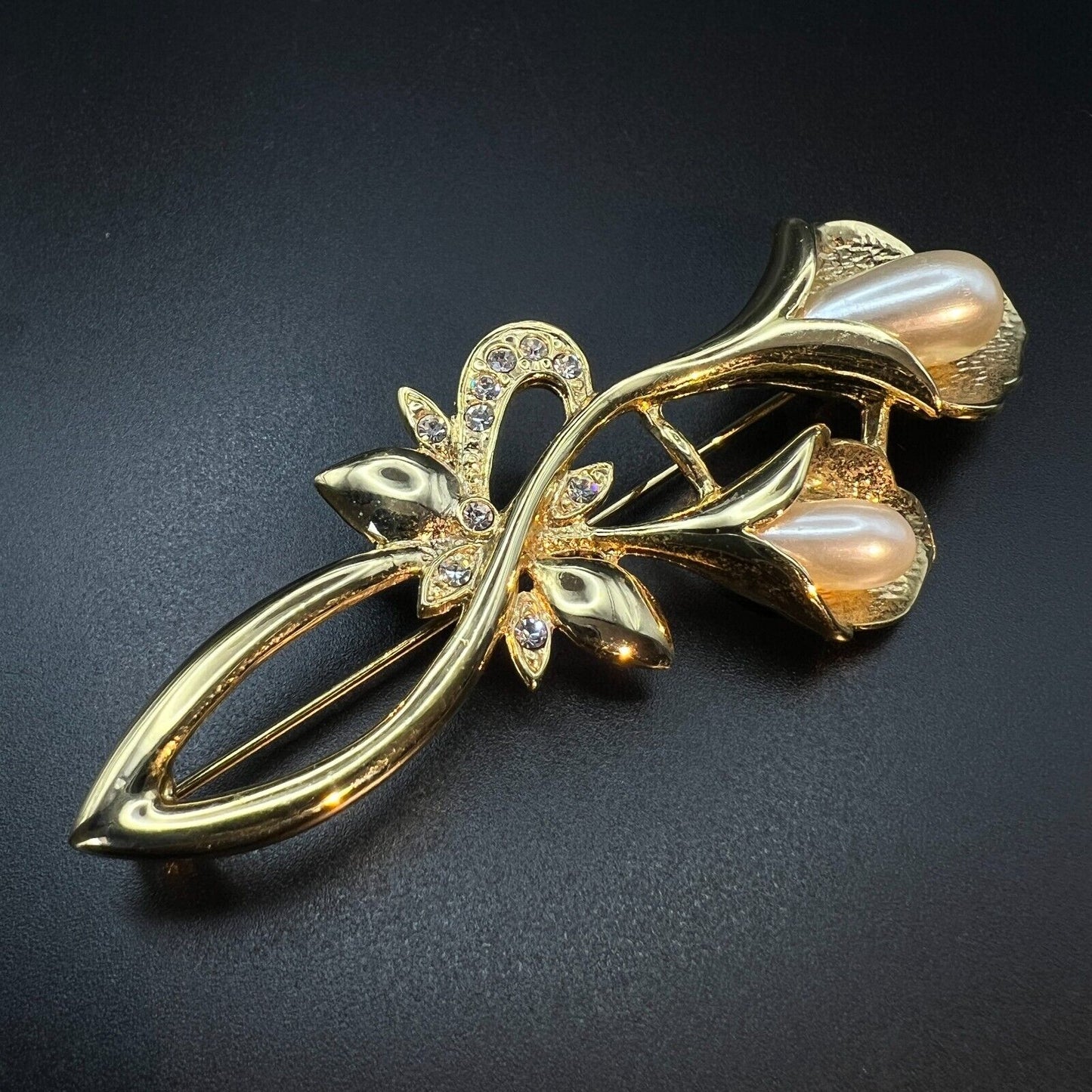 Vintage Gold-Toned Flowers with Faux Pearl & Clear Rhinestones Brooch Pin