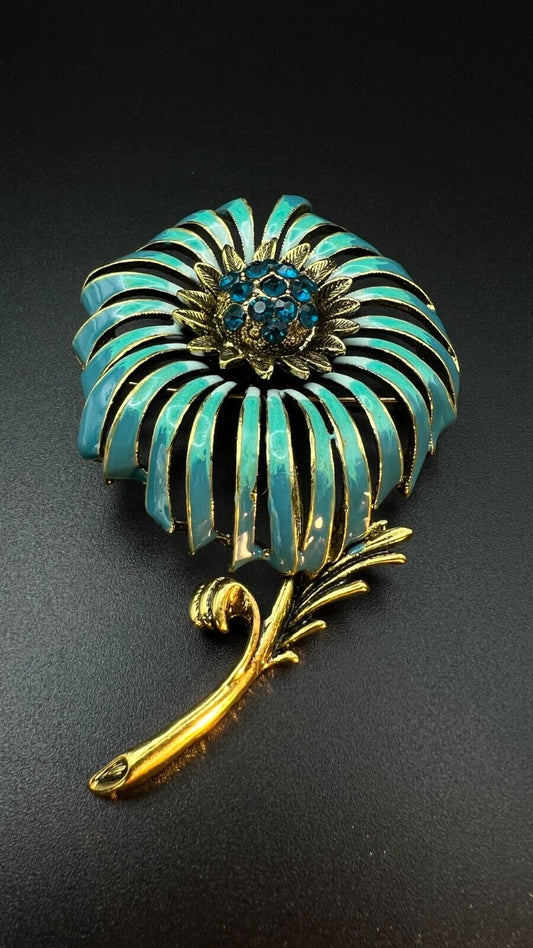 Vintage Gold-Toned and Turquoise Colored Large Flower w Rhinestones Brooch Pin