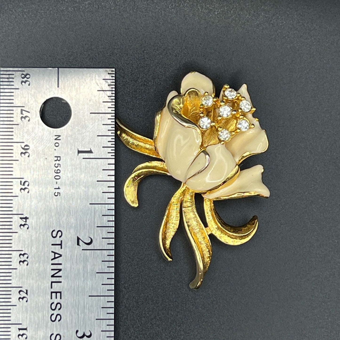 Vintage Dimensional Gold-Toned & Enameling Flower with Clear Crystals Brooch Pin