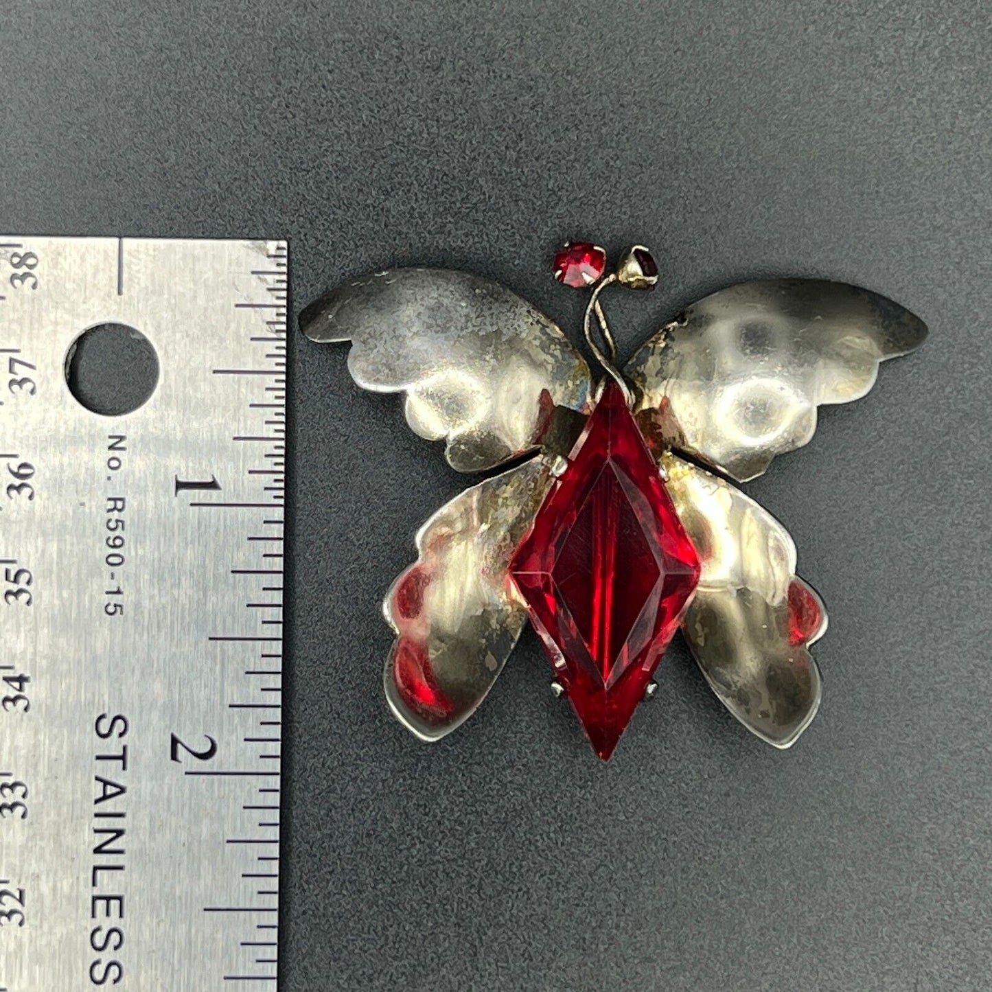 Vintage Signed Sterling Silver with Red Rhinestones Butterfly Brooch Pin