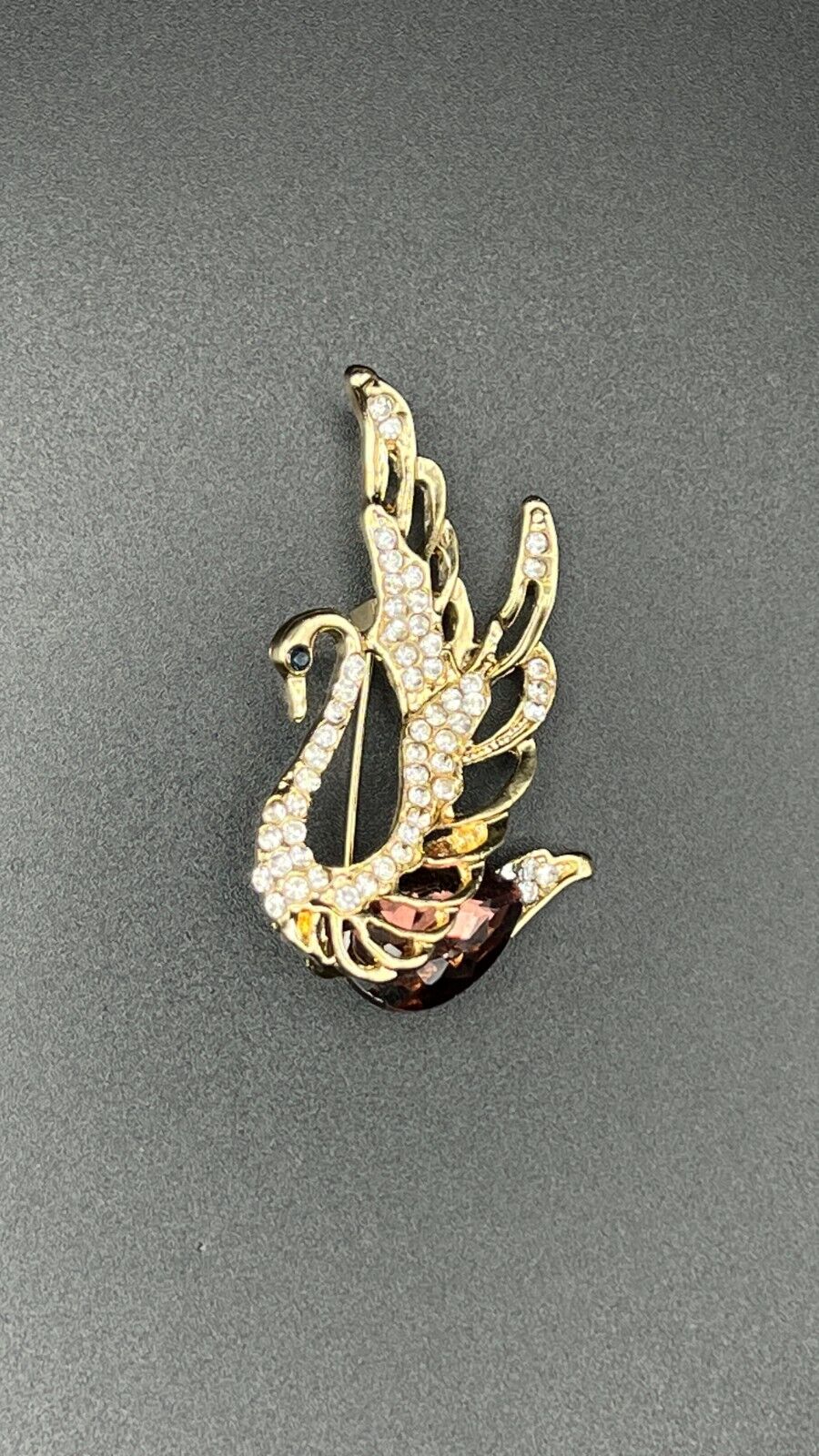 Vintage Gold-Toned Swan with Sparkly  Deep Red & Clear Crystals Brooch Pin