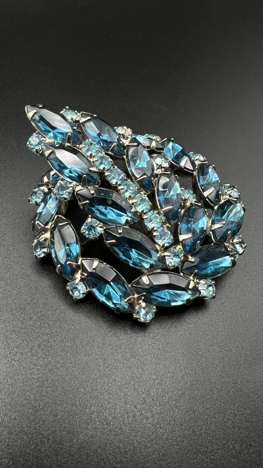 Vintage Large Silver-Toned with Light and Dark Blue Rhinestones Brooch Pin