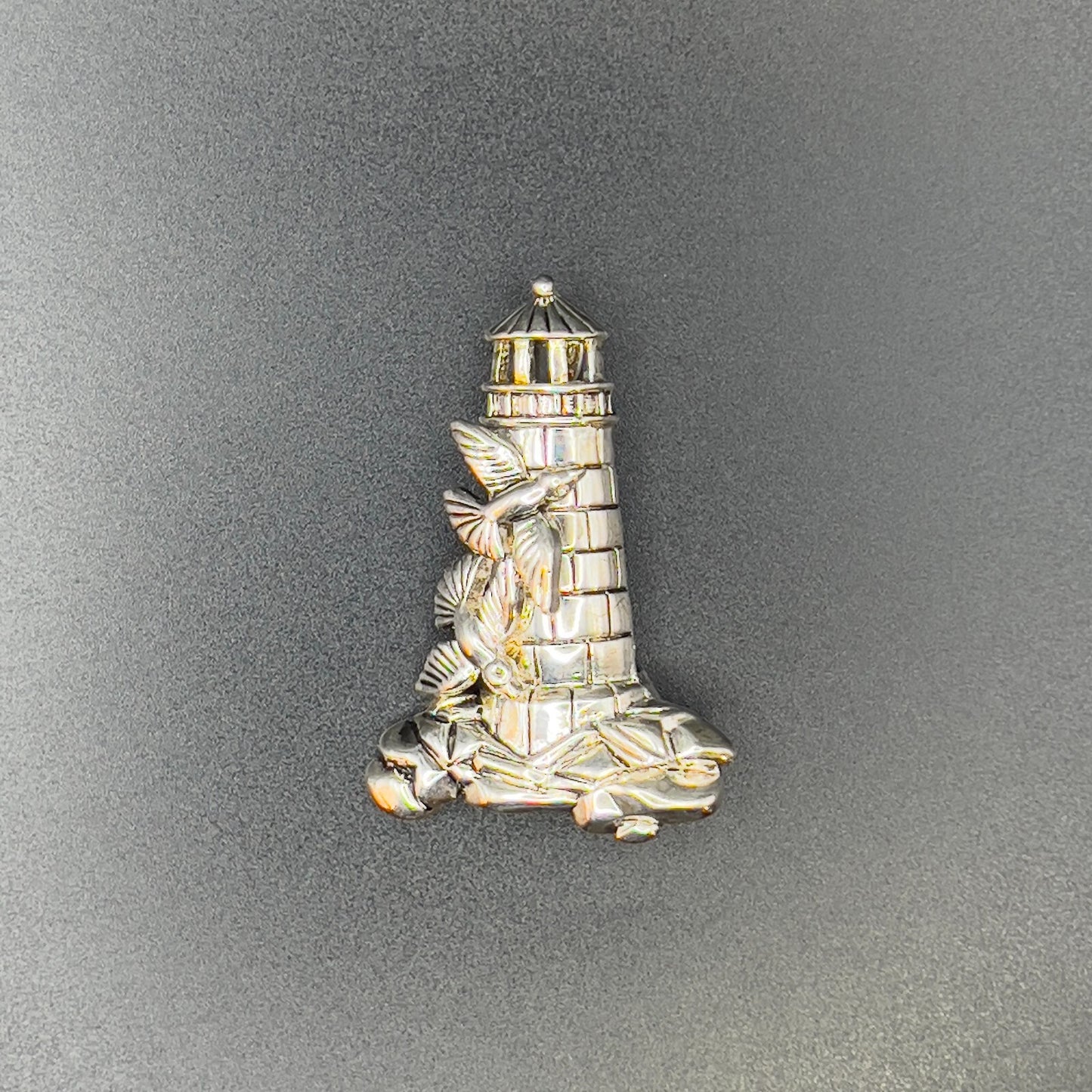 Vintage Signed BEST Lighthouse & Birds Silver-Toned Pendant Brooch Pin