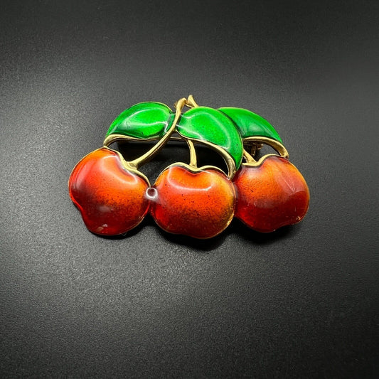 Vintage Lovely Enameled Three Red Cherries Gold-Toned w Green Leaves Brooch Pin