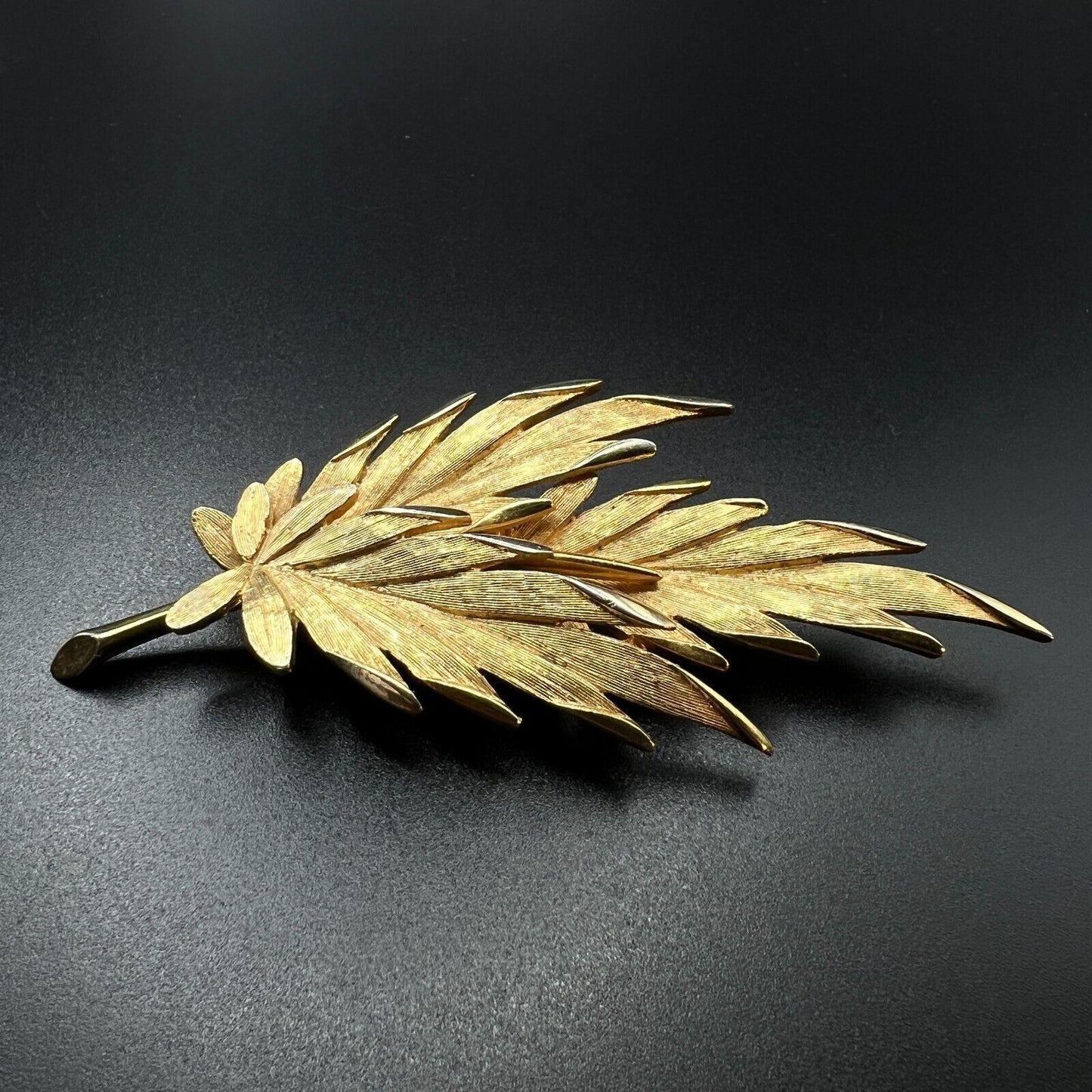 Vintage Triple Leaf Brushed Gold-Toned Signed PIM Brooch Pin