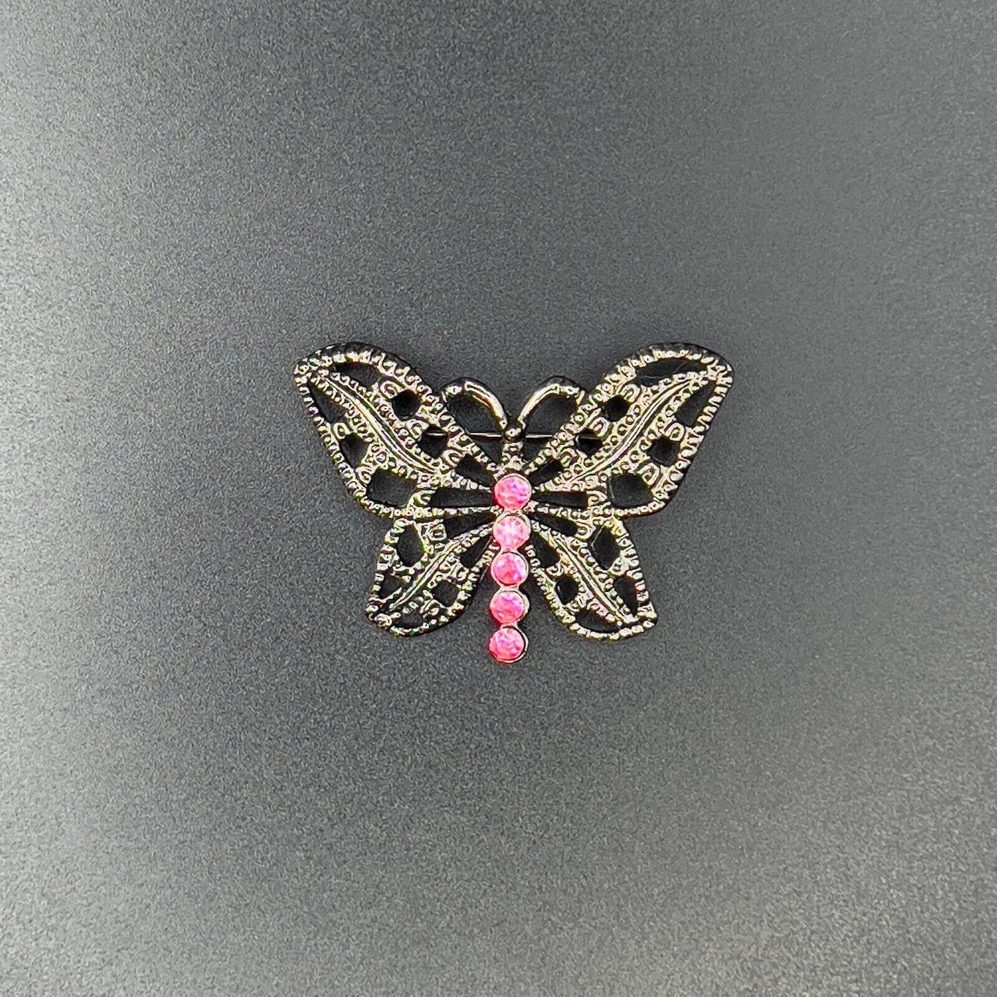 Vintage Lovely Dark Silver-Toned Metal Butterfly w Pink Rhinestones Brooch Pin