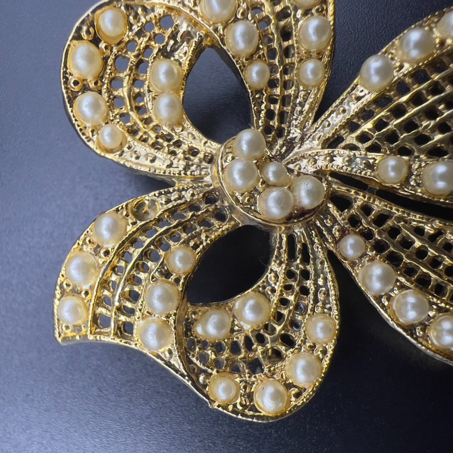 Vintage Novelty Gold-Toned Lacy Bowtie Faux Pearl Brooch Pin