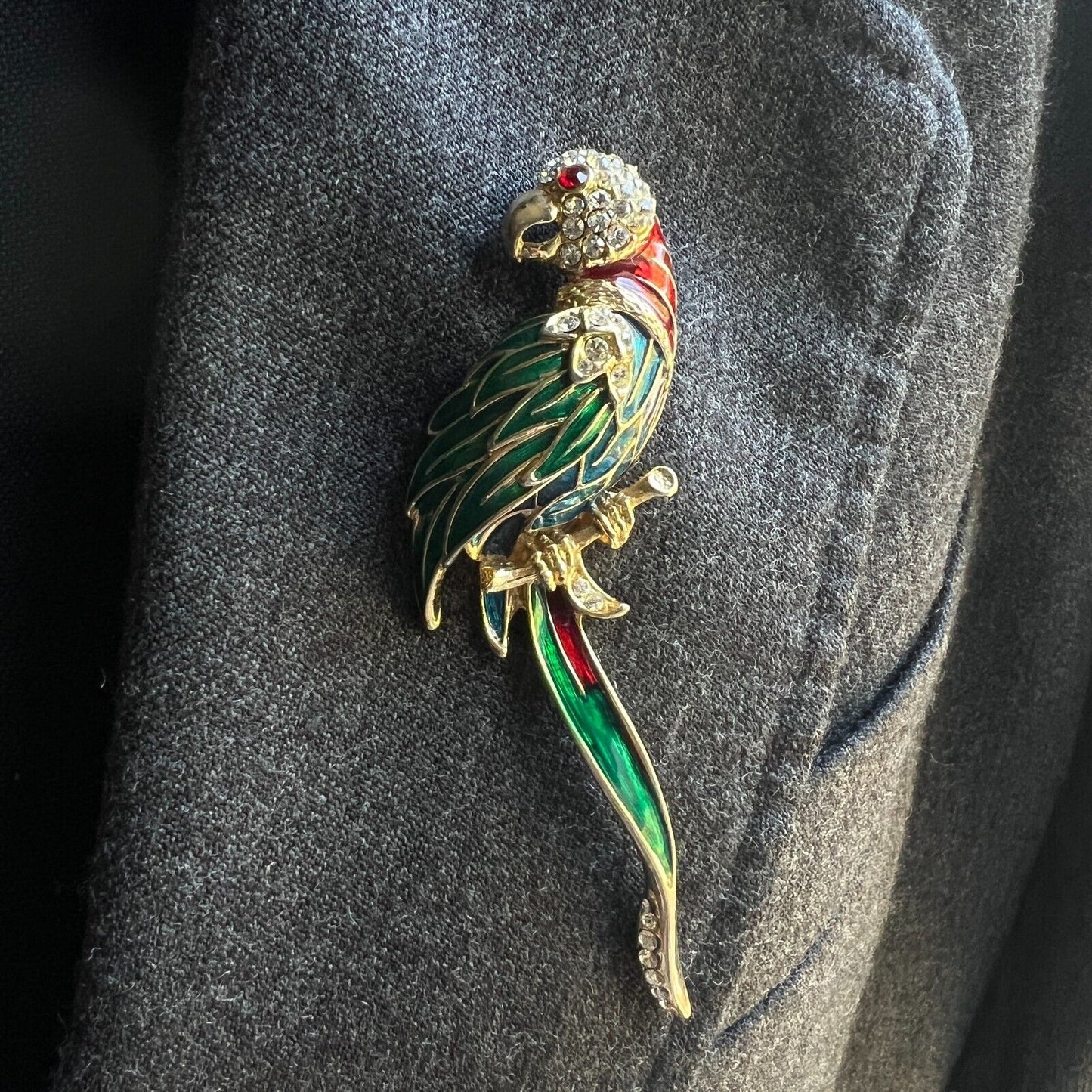 Vintage Novelty Large Parrot Red, Blue, Gold, Green Enamel & Crystals Brooch Pin