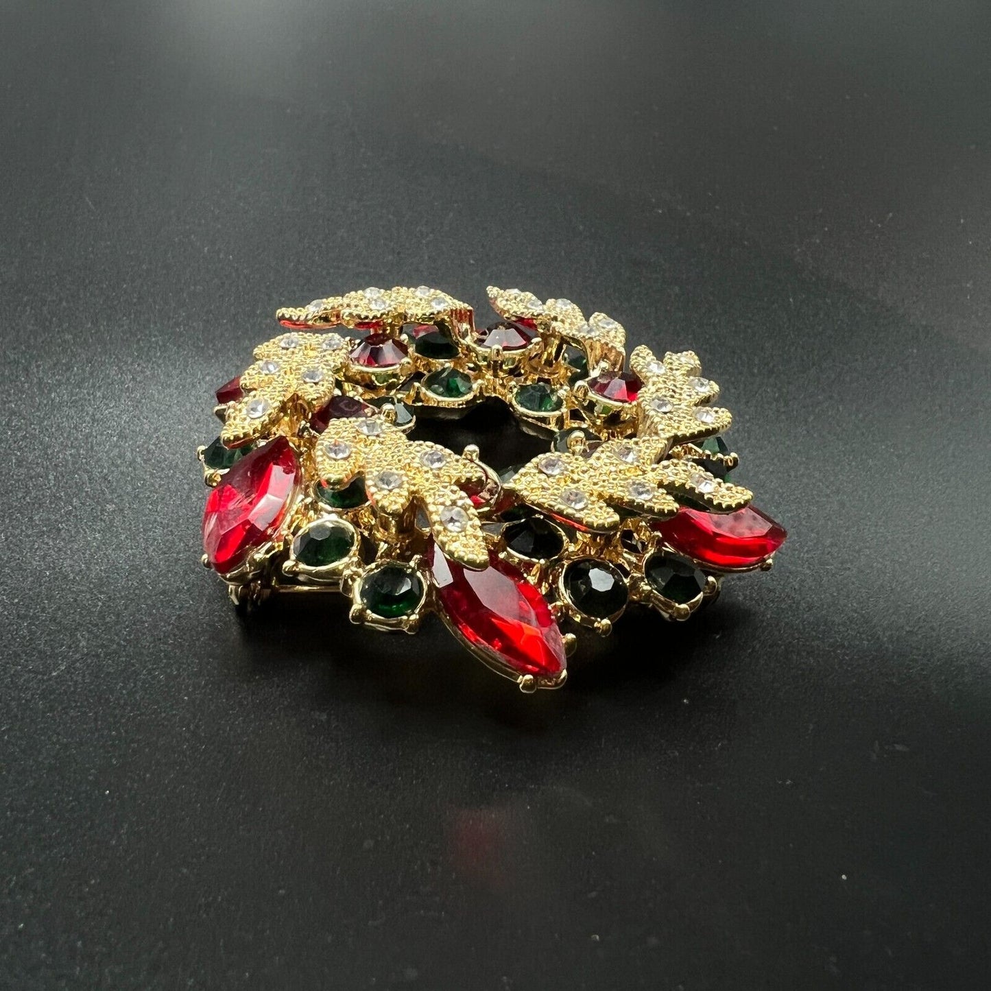 Vintage Novelty Signed Monet Gold Red & Green Wreath w Clear Crystals Brooch Pin