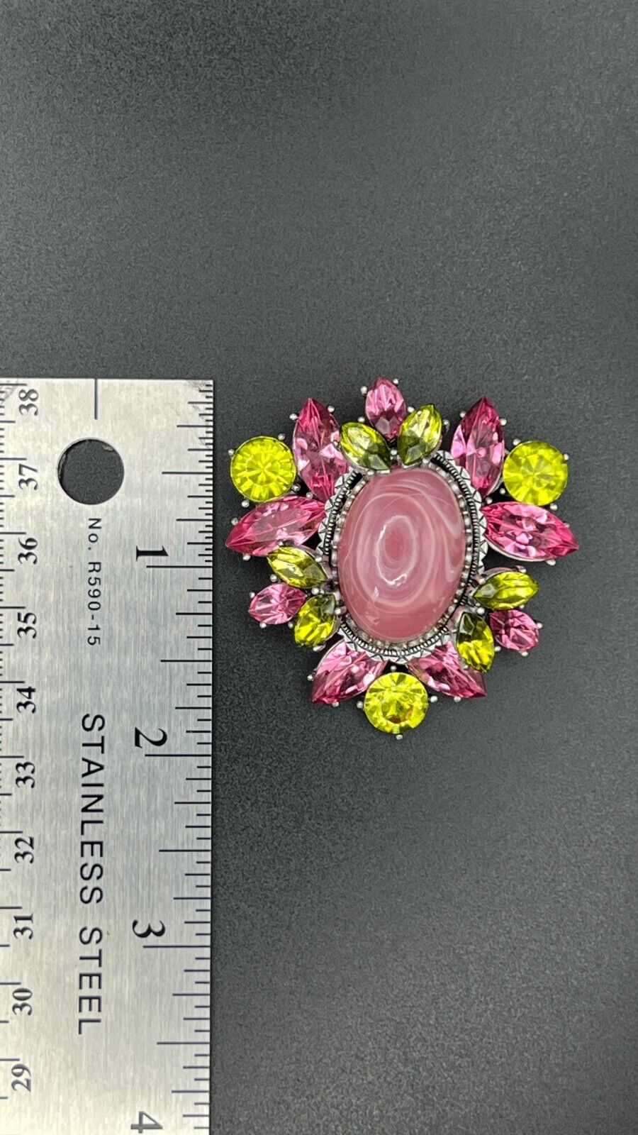 Vintage Flower Large Pink Center Stone with Pink and Green Crystals Brooch Pin