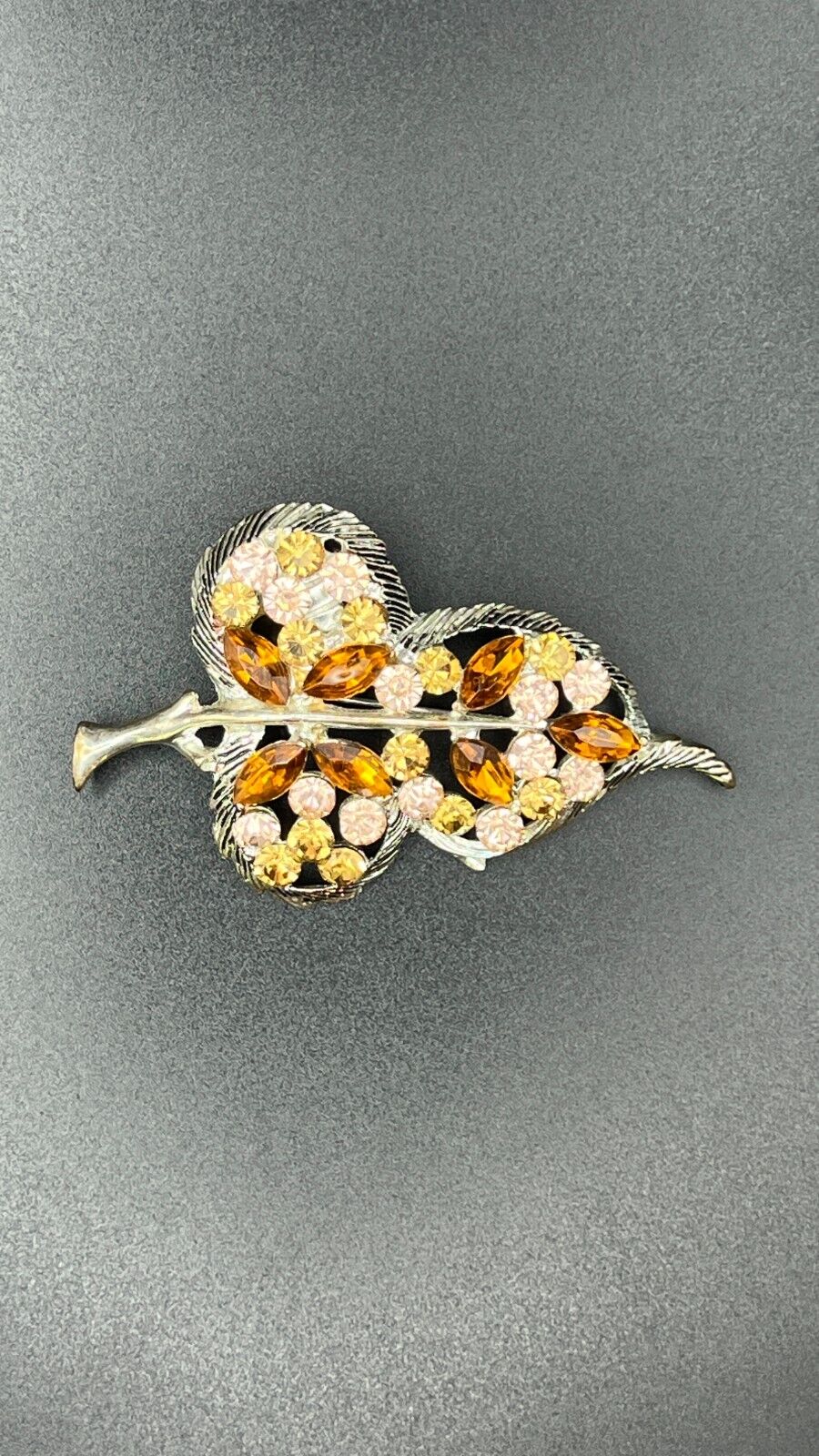 Vintage Silver-Tone Leaf Brooch/ Pendant with Topaz, Pink & Gold Rhinestones Pin