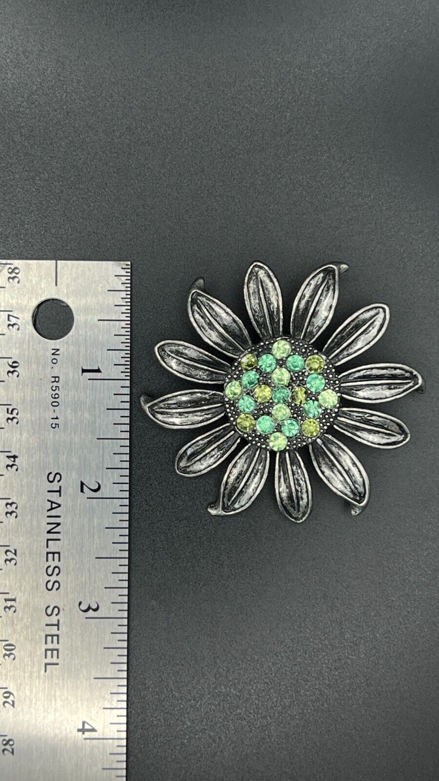 Vintage Silver-Toned Flower w Pewter Finish and Green Rhinestones Brooch Pin