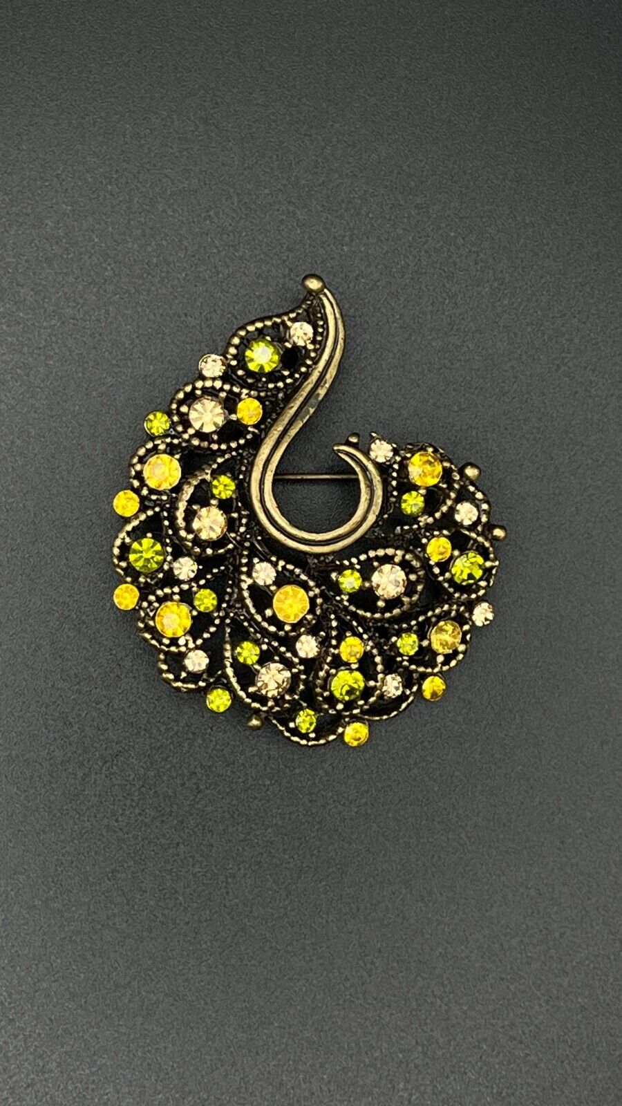 Vintage Gold-Toned Brooch Pin with Lime Green & Gold Rhinestones w Pendant Hook