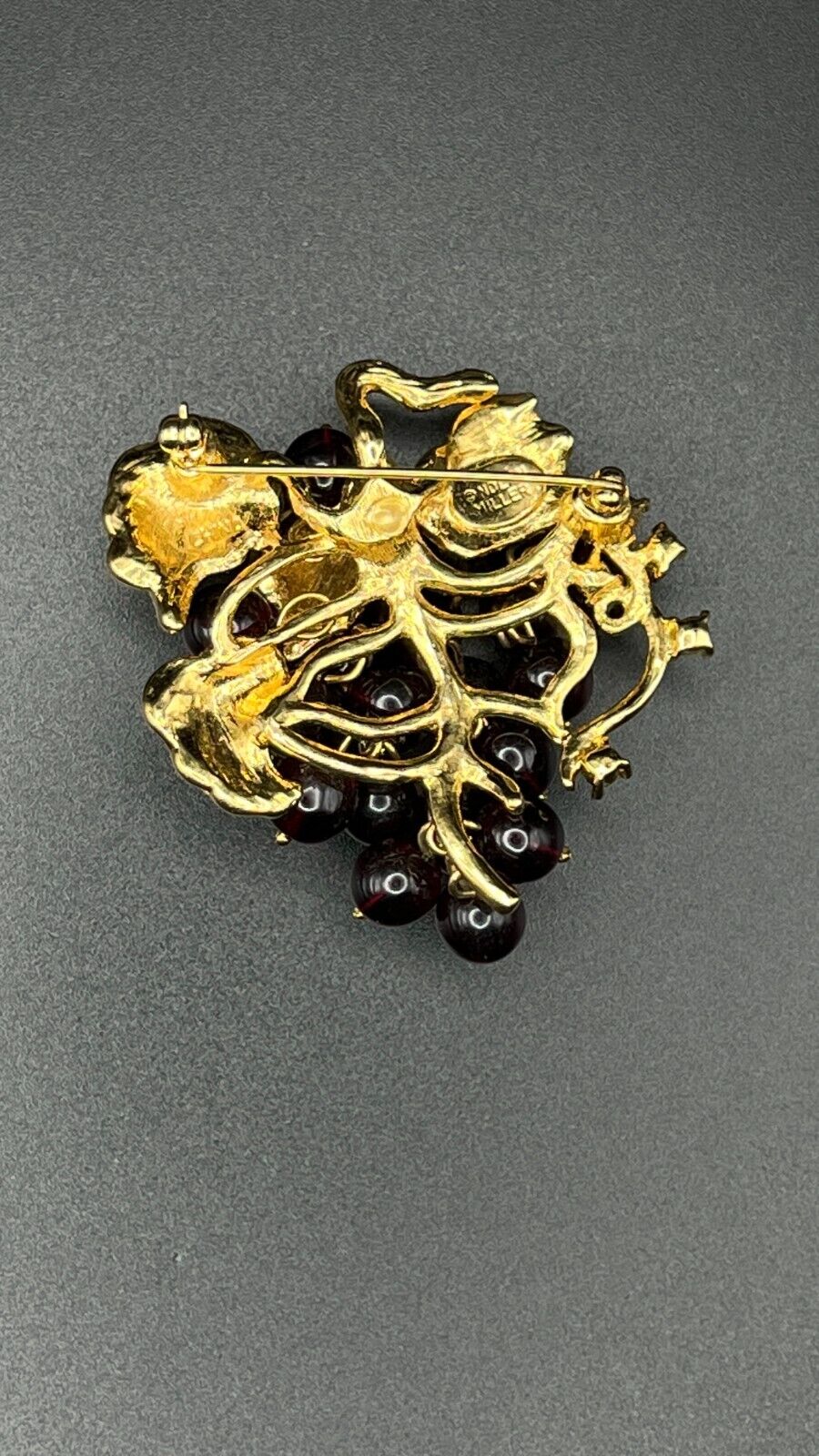 Vintage NOLAN MILLER Signed Gold-Toned Movable Red Grape Cluster Brooch Pin